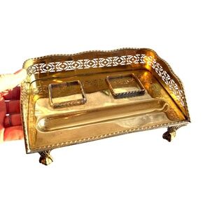 decor brass tray MOTTAHEDEH vintage retro museum reproduction ink stand India